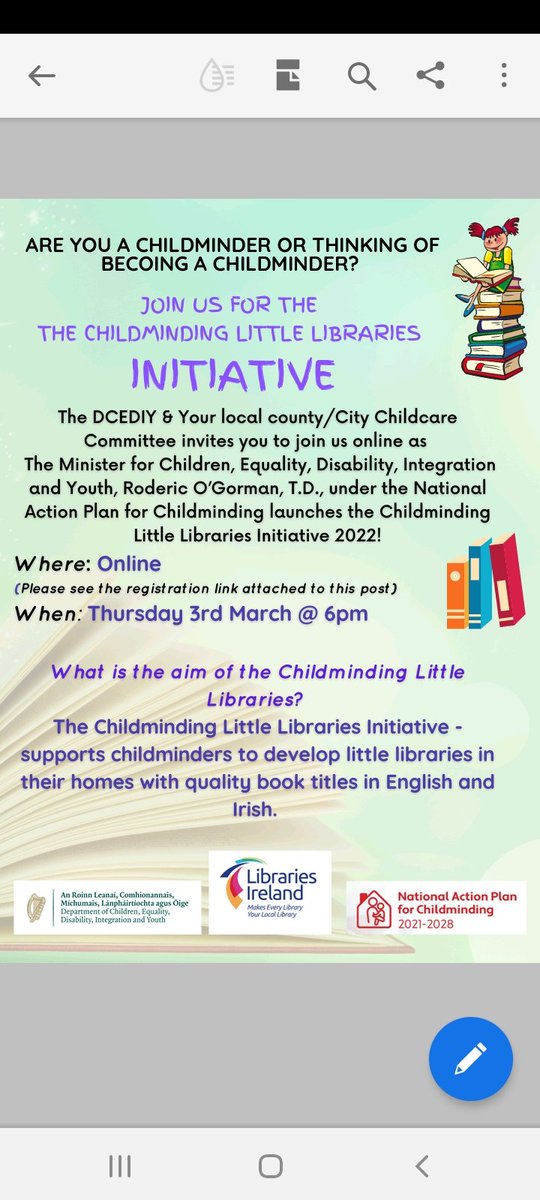 ***Please share far & wide! 🤳
Join us online for the official launch of the Childminding Little Libraries Initiative on tomorrow, Thursday March 3rd, at 6pm! Please Register through the following link here:   irlgov.webex.com/webappng/sites…