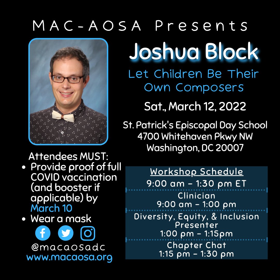 Our next workshop is 3/12 with Joshua Block! Register &amp; submit your Proof of Vaccination Form by Thurs 3/10 to attend. MAC members, check your email for the form. Non-members, check out your registration options at bit.ly/JoinMACAOSA.