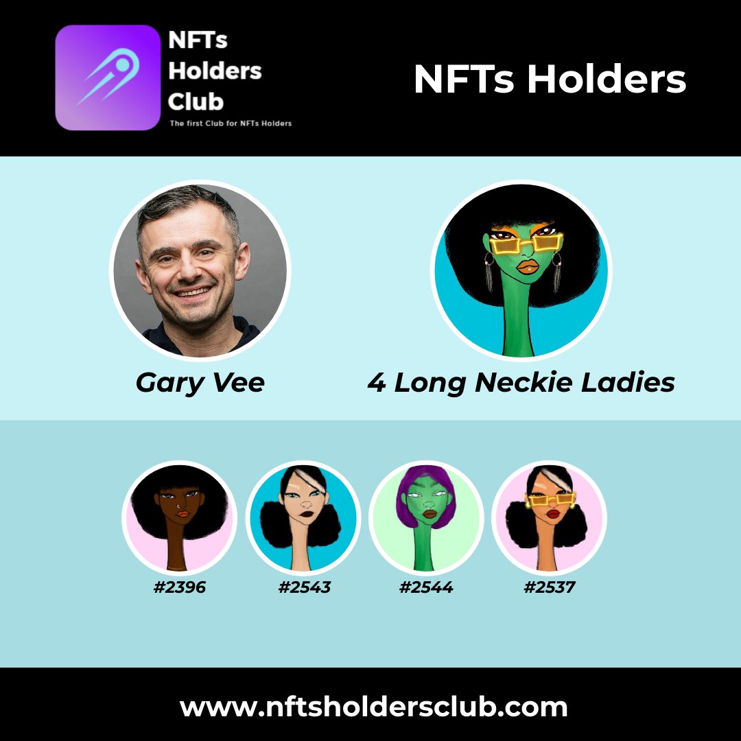 nftsholdersclub's tweet photo. Gary Vee (@garyvee) is the Holder of 4 Long Neckie Ladies (@LongNeckieLady) created by @NylaCollection
He minted 3 in July 2021 and bought another one in January 2022 for 1 ETH (~$ 2.900).
#nft #nfts #garyvee #longneckieladies #nylahayes #nylacollection https://t.co/EeQcFB3aCH