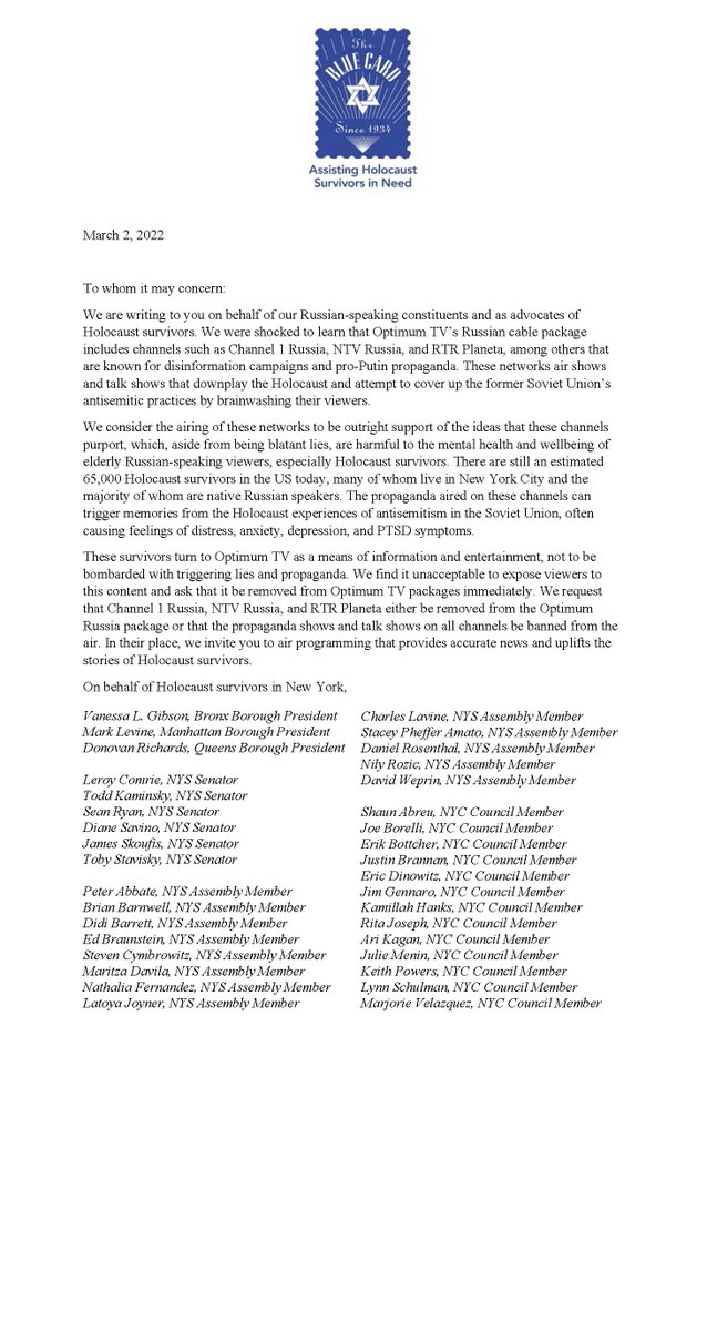 35 elected officials join The Blue Card in calling on Optimum to pull channels promoting Russian propaganda - thank you to all for your support! https://t.co/58QLlgJCPx