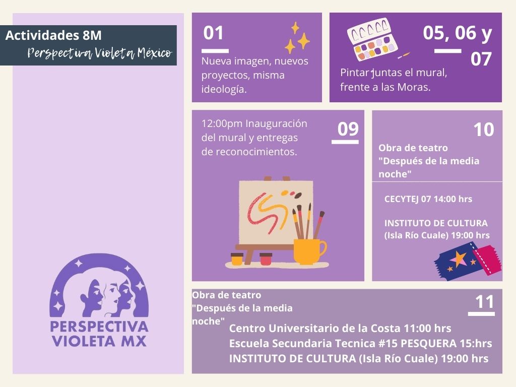 PerspectivaVMx's tweet photo. En Puerto Vallarta las Mujeres estamos listas para las pintas y para compartir juntas! 💜💜💜💜💜💜
¿A cual actividad te vas a unir?⤵️
#RumboAl8M
#perspectivavioletamx #VioletaContigo #feminist #Feministas #vallarta https://t.co/4EW2v0fJMw