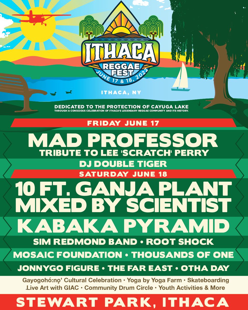 See you June 17-18, 2022 in beautiful Stewart Park in #Ithaca, NY for the 4th Annual Ithaca Reggae Fest!

Tickets &amp; Info @ IthacaReggaeFest.com

<a href="/Kabakapyramid/">The Kalling</a> <a href="/MadProfessordub/">Mad Professor</a> <a href="/10FtGanjaPlant/">10 Ft Ganja Plant</a> <a href="/simredmondband/">Sim Redmond Band</a> <a href="/RootShock/">Root Shock</a> <a href="/thefareastnyc/">The Far East</a> <a href="/MosaicFoundatio/">Mosaic Foundation</a>
