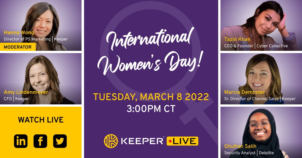 keepersecurity's tweet photo. Mark your calendar for Tuesday, March 8 at 3:00 pm CT for a #KeeperLive celebrating #IWD2022 

Our panel of women in tech and leadership will discuss the impact of the day and what it's like to work in a male-dominated field like data privacy!

Watch right here on Twitter https://t.co/ZpHjrrJ5ns