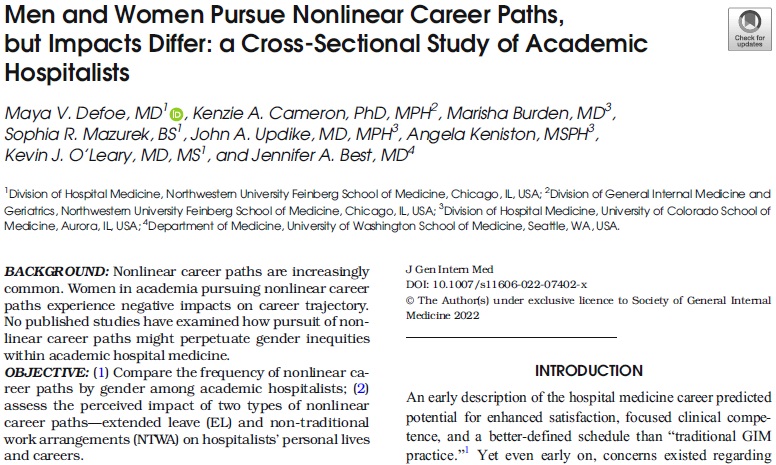 Can non-linear career paths contribute to the gender disparities within academic hospital medicine? Research suggests that it women disproportionally experience negative consequences of taking extended leave &amp; non-traditional work arrangements. <a href="/mdefoe3/">Maya Defoe</a> link.springer.com/article/10.100…