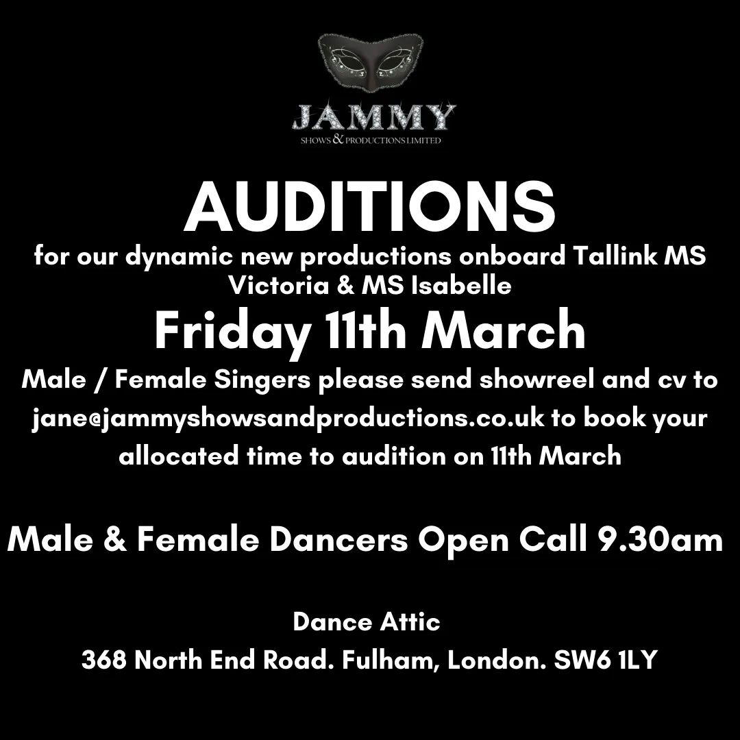 AUDITION ANNOUNCEMENT

We're delighted to announce our latest London auditions, as we seek new, dynamic talent.

Friday 11th March, at the world famous Dance Attic Studios.

Everyone welcome! 

#bethere #everyonestalkingaboutjammy #CASTING #AUDITION #London #jammyshows