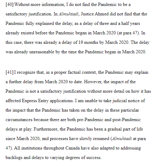 smeurrens's tweet photo. Federal Court rules that the COVID-19 pandemic cannot  justify significant processing delays without more detail as to why as "all institutions throughout Canada have also adapted to addressing backlogs and delays to various degrees of success." https://t.co/xy5f4VfQcU https://t.co/77CWZCMvnK