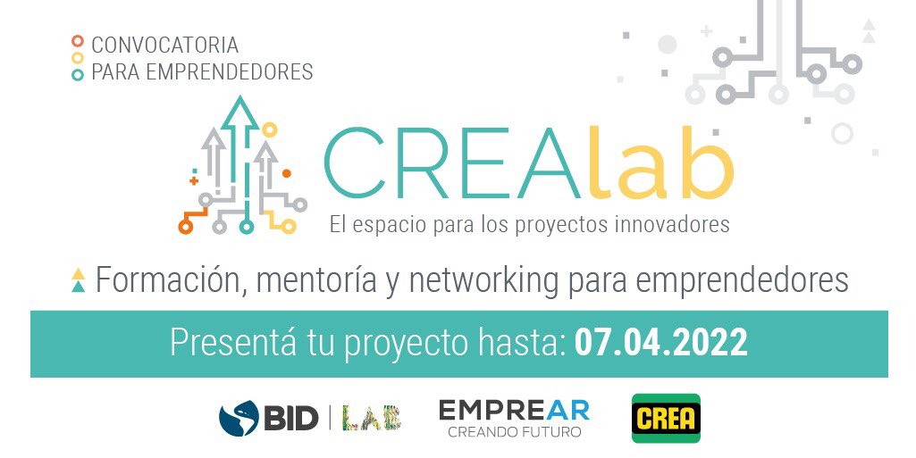 Abrimos la convocatoria 2022 de CREALab, el programa de incubación de <a href="/crea_arg/">CREA</a>
Buscamos startups que propongan soluciones de base tecnológica en los verticales #agtech #foodtech #fintech para agro y #economiacircular
Postulate 👉🏻 crea.org.ar/crealab
Hay tiempo hasta el 7/4!
