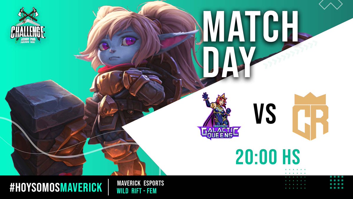 Maverickesport's tweet photo. Wild Rift | Team Fem
⚔ MATCH DAY ⚔
¡Hoy nuestras @Galactic_Queens van por todo en la Grieta del invocador, para llegar a un paso más cerca del título!
🆚 @ChallengersRoad
⏰ 20:00 hs 🇨🇱
🏆 @Ariuscup
📺 Sin transmisión
#HoySomosMaverick https://t.co/L8KqZ7Li0R