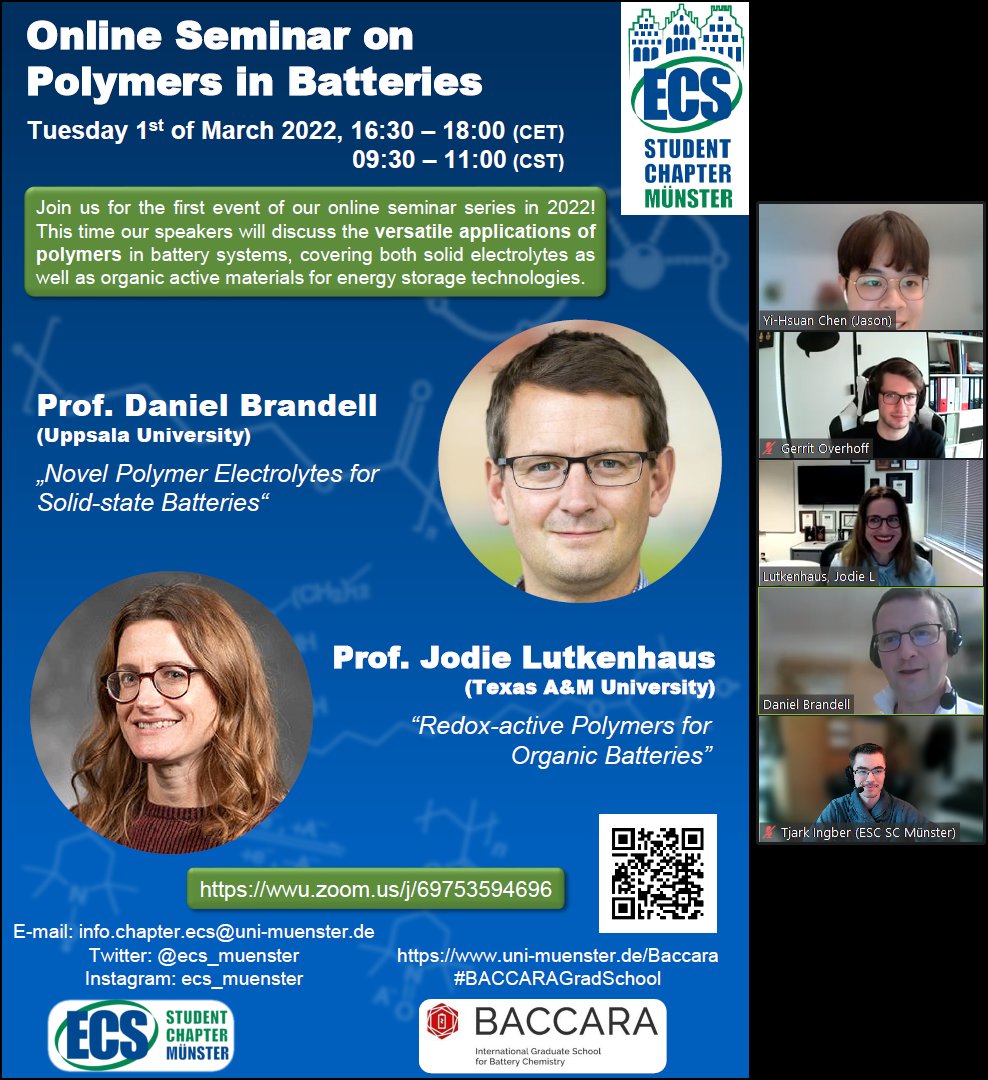 ECS Student Chapter Münster (@ecs_muenster) on Twitter photo We were happy to welcome more than 94 participants to our webinar. Thank you all for participating the event😄
Reminder: Next event is coming soon. Stay tuned😉
#electrochemistry #ecsstudentchapter #wwumünster #unimünster #battery #polymer #BACCARAGradschool We were happy to welcome more than 94 participants to our webinar. Thank you all for participating the event😄
Reminder: Next event is coming soon. Stay tuned😉
#electrochemistry #ecsstudentchapter #wwumünster #unimünster #battery #polymer #BACCARAGradschool