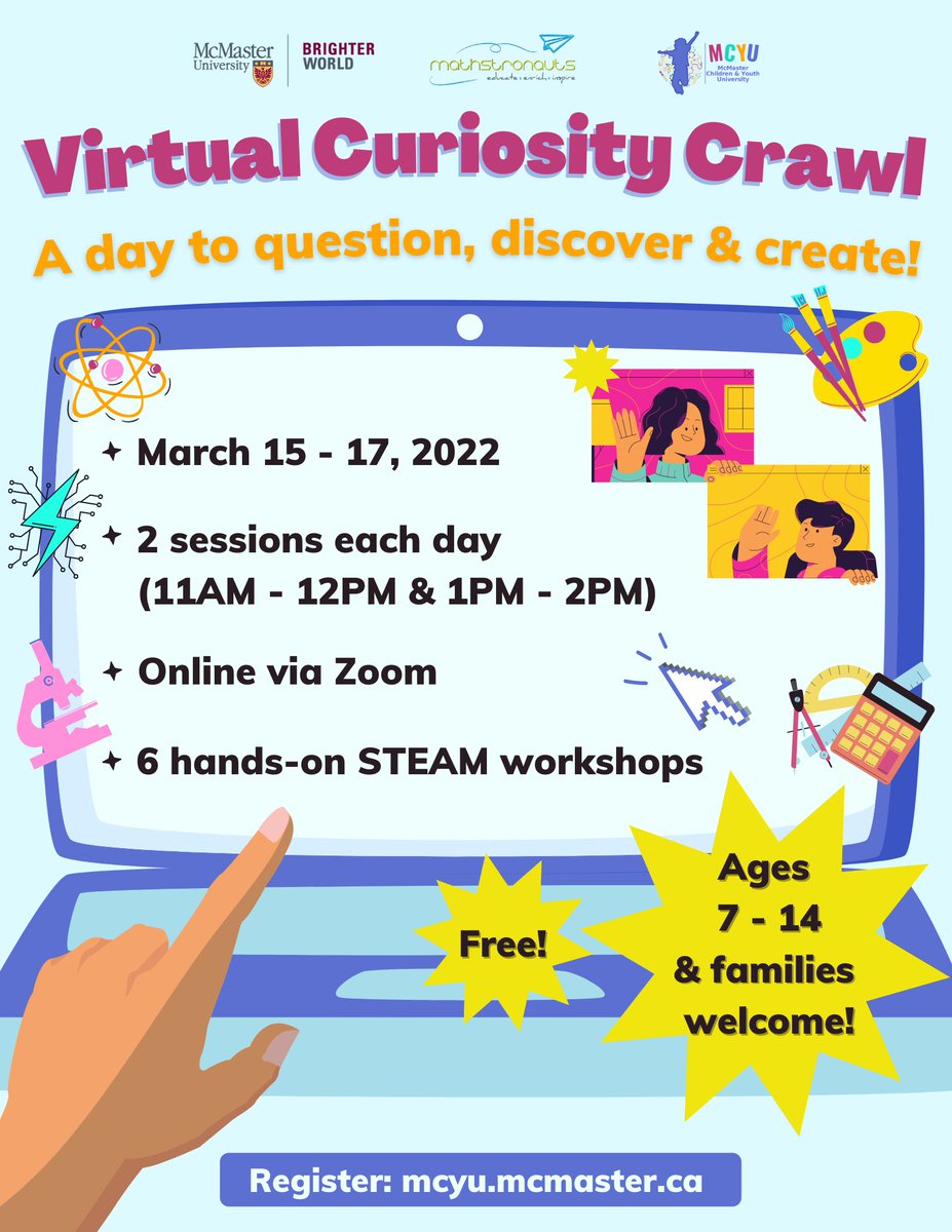 McMasterCYU's tweet image. Curiosity Crawl is back!!! Over the March Break, we are hosting 6 virtual STEAM workshops with hands-on activities. They are running simultaneously, so you have the opportunity to take part in 2 workshops in one day. 🤯💡

Register for a workshop: mcyu.mcmaster.ca/programs/youth…