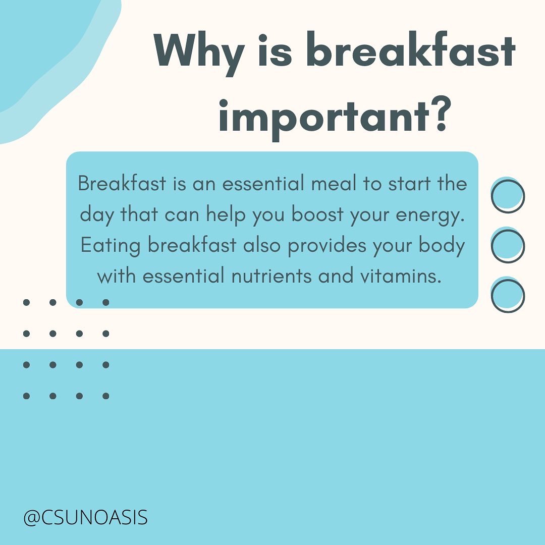 CSUNOASIS's tweet image. Check out our list of some healthy breakfast meal ideas to get through your day! 💪🥤🥗 Starting the day with a fulfilling breakfast can help you get through the day and perform better in your classes. Stay tuned for more Wellness Wednesdays!
