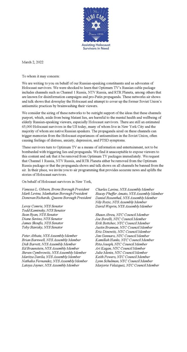 I want to thank @TheBlueCard for their advocacy for Holocaust survivors. I was proud to join them today in calling for @optimum to drop Putin propaganda channels because they deny the atrocities against the Jewish people. https://t.co/8Tttq5NYP3