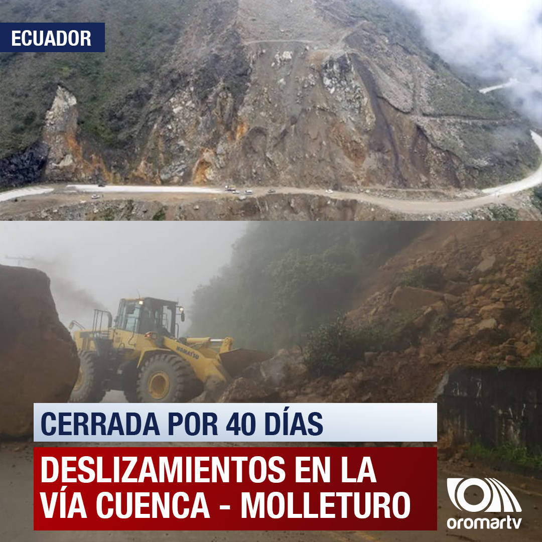 oromartv's tweet photo. Tras deslizamientos de tierra que han venido afectando la #Cuenca-Molleturo, desde @ObrasPublicasEc informaron que la vía permanece cerrada totalmente desde el Km. 49, desde ayer martes por 40 días. Para viajar del #Azuay a la #Costa o viceversa, la vía alterna es por #Cañar. https://t.co/FTsLpmTrif