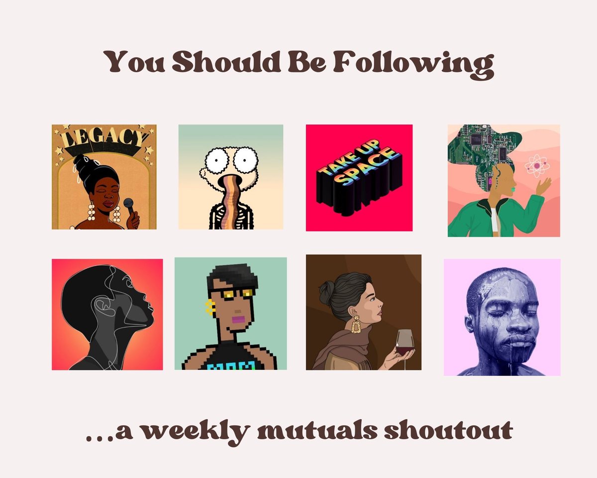 afrochicksnft's tweet photo. There are so many talented creators who follow me!
2nd edition of #YSBF a 🧵 and newsletter highlighting my talented mutuals💜
This week featuring: @ourlegaciesNFT, @nudelsnft, @takeupspace_nft @TrailblazetribeNFT @IyaObaNFT @BlkRichgirl @Oktobeoknft & @UmobuarieFamous https://t.co/V3idBioYuQ