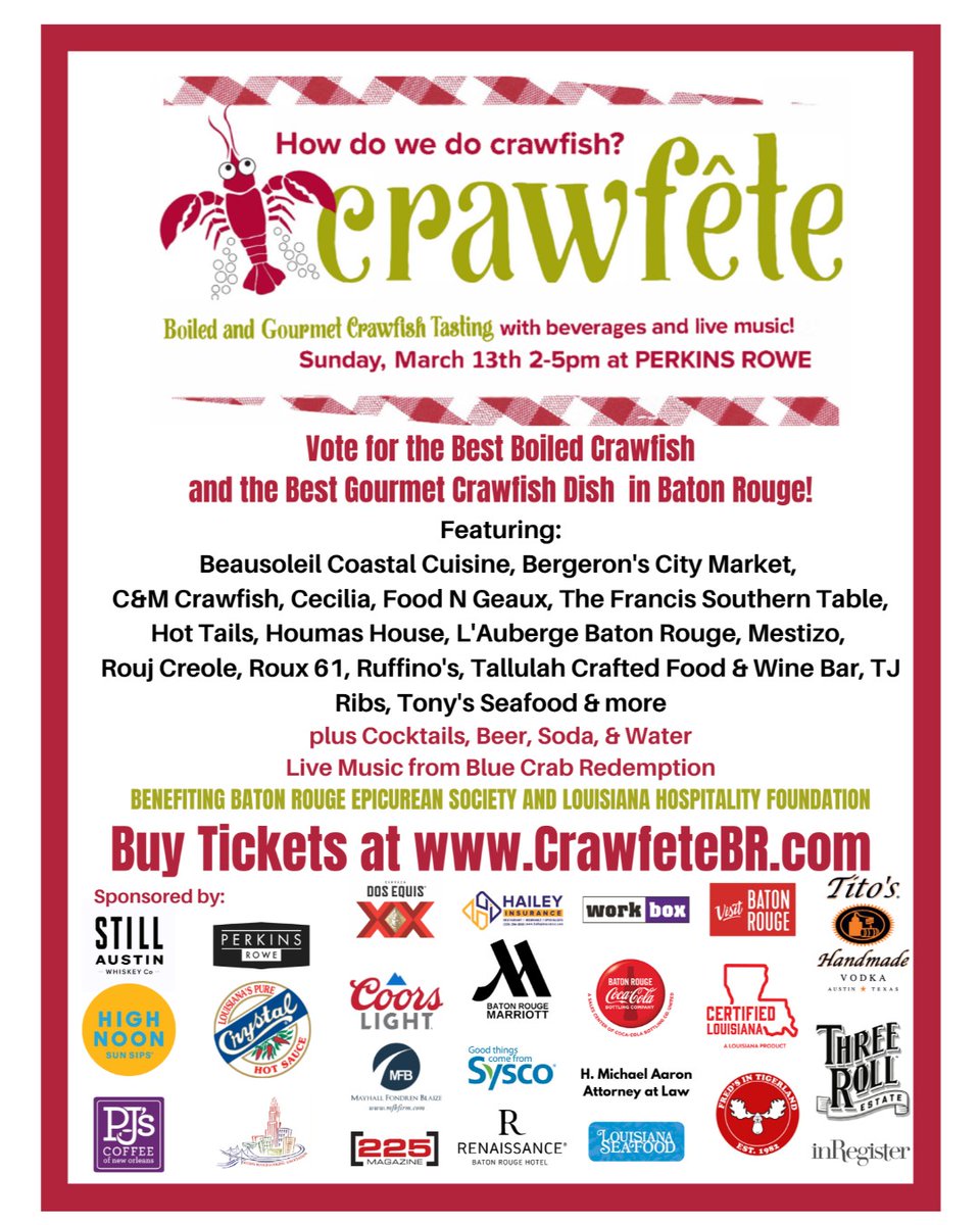 LA Hospitality Foundation (@lahospfound) on Twitter photo #CRAWFETE2022 tickets are on sale now! Boiled crawfish and gourmet crawfish dishes plus cold beer, live music & more. Benefiting the <a href="/BRESbrla/">BR Epicurean Society</a> and Louisiana Hospitality Foundation.
Go to crawfetebr.com. #CRAWFETE2022 tickets are on sale now! Boiled crawfish and gourmet crawfish dishes plus cold beer, live music & more. Benefiting the <a href="/BRESbrla/">BR Epicurean Society</a> and Louisiana Hospitality Foundation.
Go to crawfetebr.com.