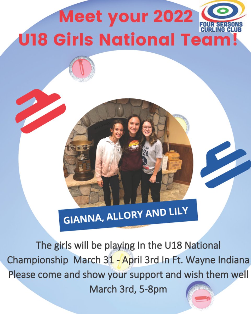 Four Seasons Curling (@fourseasonscurl) on Twitter photo Join us to support some of our great Junior Curlers heading to U18 Nationals!
#curling
<a href="/usacurl/">USA Curling</a> Join us to support some of our great Junior Curlers heading to U18 Nationals!
#curling
<a href="/usacurl/">USA Curling</a>