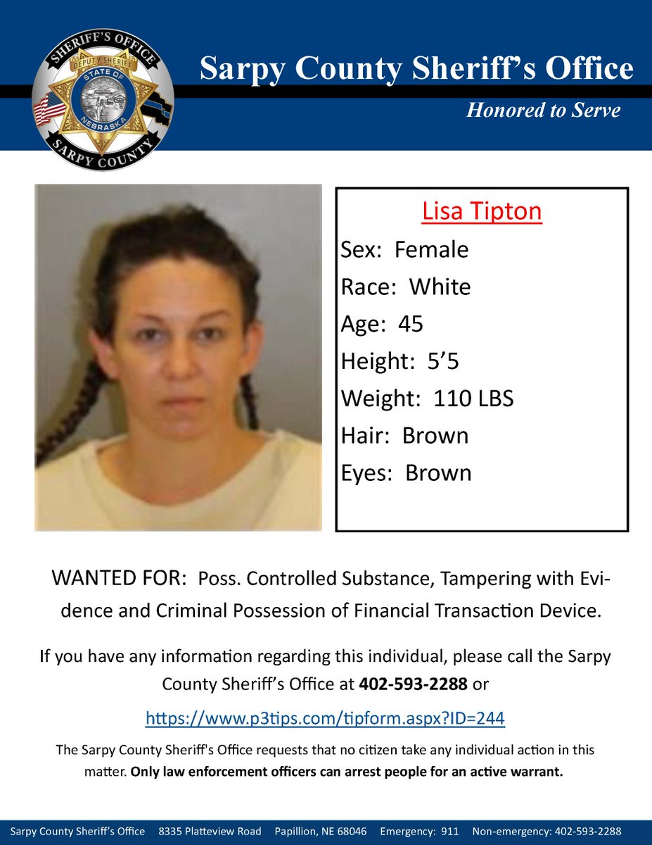 Know where Lisa Tipton is? It's #warrantwednesday  Help <a href="/SarpyCoWarrants/">Sarpy County Warrants</a> locate her! Contact us at 402-593-2288 or anonymously at p3tips.com/tipform.aspx?I…