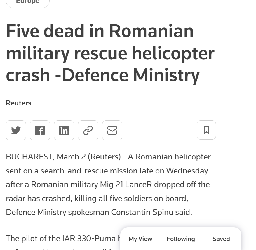 Lys_n_Co's tweet photo. Russia Today rported about shot down of Ukrainian aircraft over the Black sea. At the same time Romania reported about Romanian MIG-21 disappeared from radar. After that RT deleted the news! Looks line Russia did it again, next MH-17! https://t.co/lJG8vomMMS