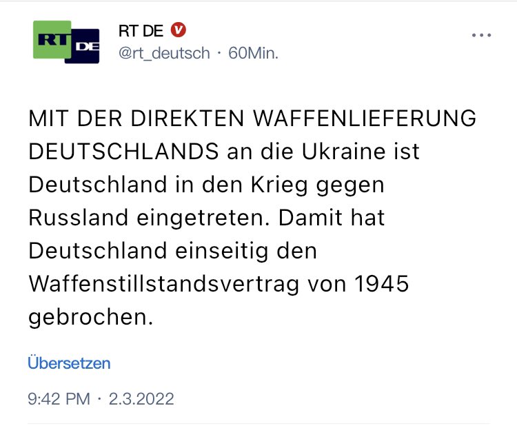 Kyivtodaycom's tweet photo. #German RT on gettr calling weapon delivery of germany to #ukraine a declaration of war and by that ending the armistice from 1945❗ https://t.co/IdipARXgTn