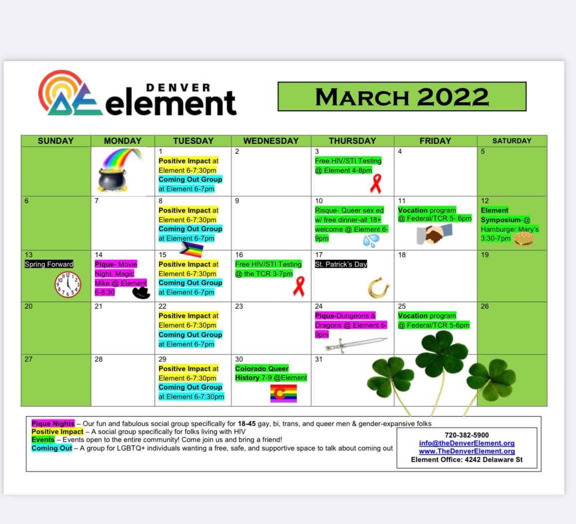 DenverELEMENT's tweet photo. Check out our March calendar! We’ve got A LOT going on!🍀🌈 https://t.co/Ykj2Olyvmn