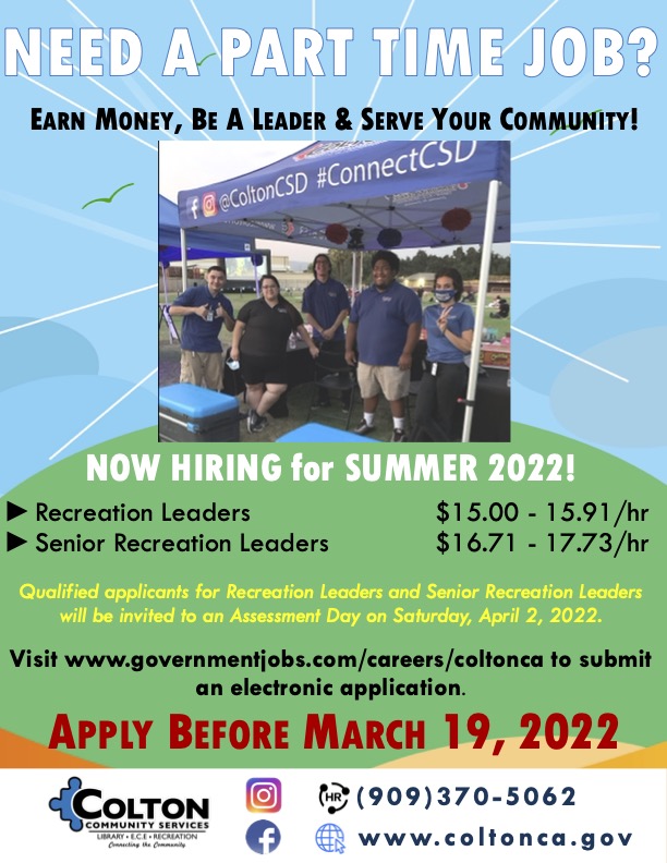The City of Colton is hiring for Part-Time positions! Serve the Colton community by applying at coltonca.gov! If you have any questions please call (909) 580-6528 or email alyssa_becerra@cjusd.net. #CJUSDCTE