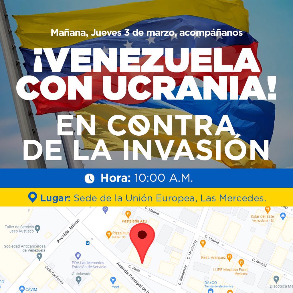 #ATENCION

Convocan concentración en Venezuela para respaldar al pueblo de Ucrania en contra de la invasión Rusa.

Usan el HT
#VzlaRespaldaUcrania