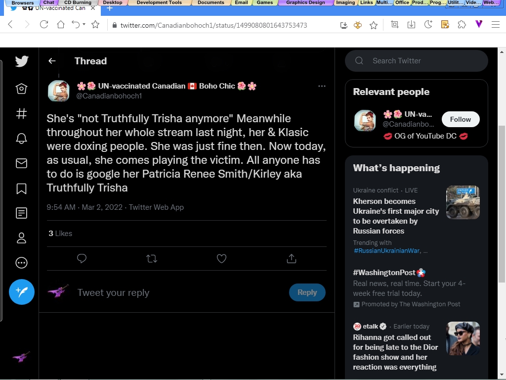 BohoChick out right Lying claiming that I doxxed people during Trisha's live stream. You are going to be Paula's downfall one of these days by providing her all this false and misleading information. Tread lightly. I already got several of your posts removed due to reporting them