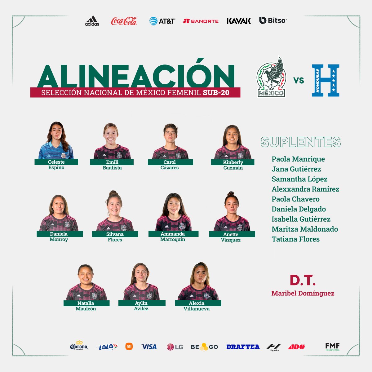 Miseleccionfem's tweet photo. #Sub20Fem
¡Tenemos XI inicial para enfrentar a 🇭🇳!🔥🔝
Ellas son las elegidas por @MaribelD9 para nuestro último duelo de Fase de Grupos del Premundial.👏🤩🇲🇽
#TuCanchaLaEligesTú I #HechoDeLosMexicanos https://t.co/i0jcOixUGH