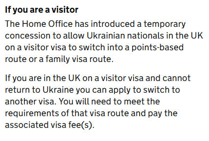 edwinhayward's tweet photo. Juicy nugget of pure evil:

If you're Ukrainian and currently in the UK on a visitor visa, you'll have to leave and go back to the warzone when it expires, unless you can qualify for a different sort of visa. (Including all docs, processes, fees etc.)

https://t.co/gKf0gUax66 https://t.co/uWGJlO8LI6