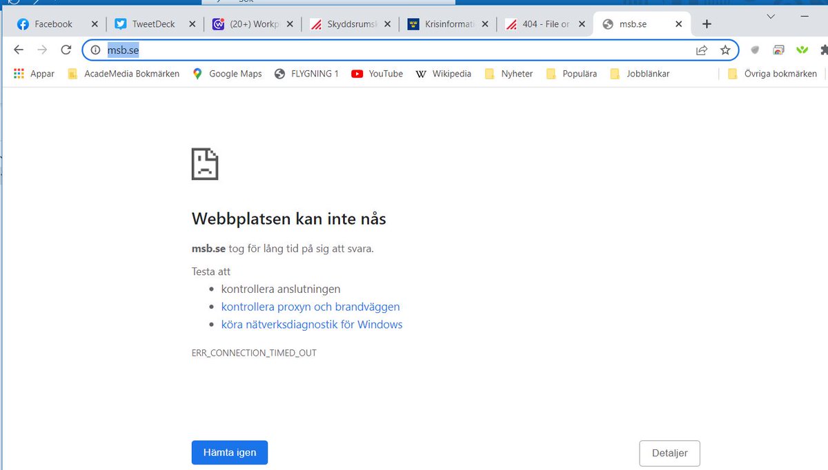 Har försökt nå den i 20 minuter. MSB ligger nere. Krisinformation.se funkar men många länkar ger 404.