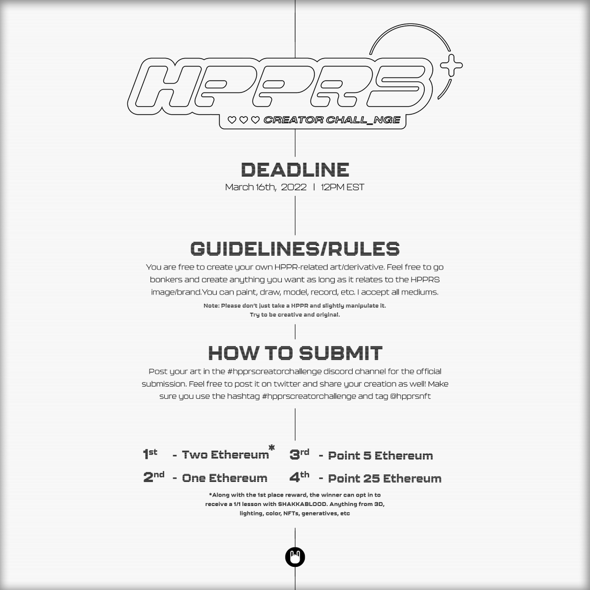 HPPRS CREATOR CHALL_NGE 🥕
Welcome to the Creator Chall_nge. You are free to create your own HPPR-related derivative. Go bonkers and create anything you want as long as it relates to the HPPRS image/brand.

Deadline: March 16th, 2022 | 12PM EST
Links: linktr.ee/hpprscreatorch…
