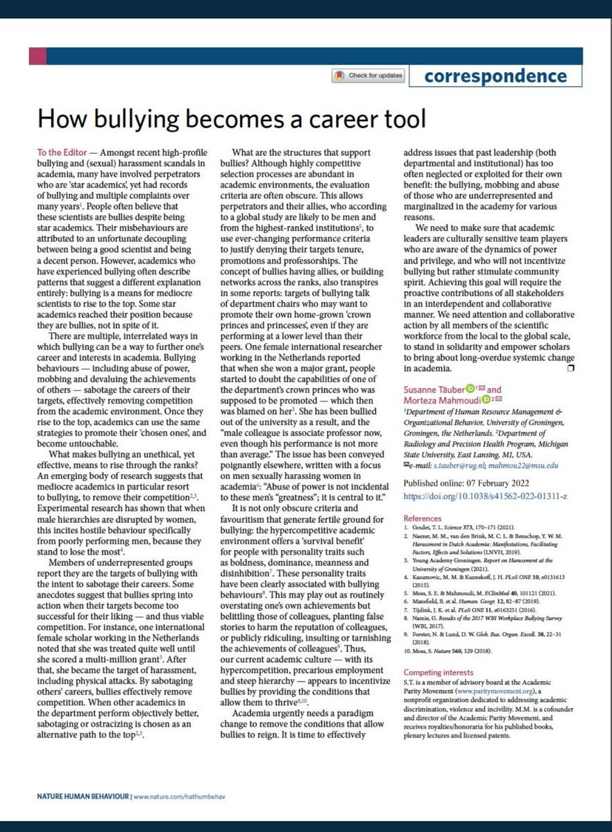 “...our current academic culture — with its hypercompetition, precarious employment and steep hierarchy — appears to incentivize bullies by providing the conditions that allow them to thrive...” Susanne Täuber, @MoriMahmoudi in Nature Human Behaviour 👉rdcu.be/cH5za
