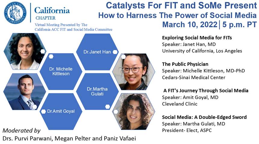 California ACC FIT (@ca_acc_fit) on Twitter photo Join <a href="/CaliforniaACC/">California ACC</a> FIT <a href="/MeganPelter/">Megan Pelter MD, FACC</a> <a href="/PanizVafaei/">Paniz Vafaei</a> & SoMe Catalysts <a href="/purviparwani/">Dr. Purvi Parwani</a> for this interesting session on How SoMe can help FIT! We are excited about a great speaker lineup:<a href="/netta_doc/">JK Han MD</a> <a href="/DrMarthaGulati/">Dr. Martha Gulati ♥️🫀❤️🩹🇨🇦</a> <a href="/MKIttlesonMD/">Michelle Kittleson MD PhD</a> <a href="/AmitGoyalMD/">Amit Goyal MD MAS</a>
Register today: bit.ly/35vMIqB Join <a href="/CaliforniaACC/">California ACC</a> FIT <a href="/MeganPelter/">Megan Pelter MD, FACC</a> <a href="/PanizVafaei/">Paniz Vafaei</a> & SoMe Catalysts <a href="/purviparwani/">Dr. Purvi Parwani</a> for this interesting session on How SoMe can help FIT! We are excited about a great speaker lineup:<a href="/netta_doc/">JK Han MD</a> <a href="/DrMarthaGulati/">Dr. Martha Gulati ♥️🫀❤️🩹🇨🇦</a> <a href="/MKIttlesonMD/">Michelle Kittleson MD PhD</a> <a href="/AmitGoyalMD/">Amit Goyal MD MAS</a>
Register today: bit.ly/35vMIqB