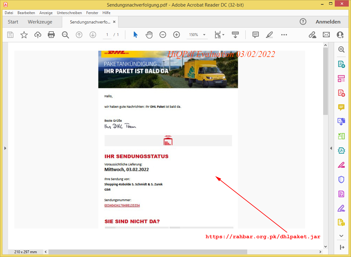 E-Mail "Ihr Paket kommt heute an" von <a href="/DHLPaket/">DHL Paket</a>  erhalten? Vorsicht! Heute waren wieder gefälschte E-Mails mit einem Link auf #Schadsoftware unterwegs. Link nicht anklicken / Datei nicht ausführen!

dhlpaket.jar: bazaar.abuse.ch/sample/5a9d38f…