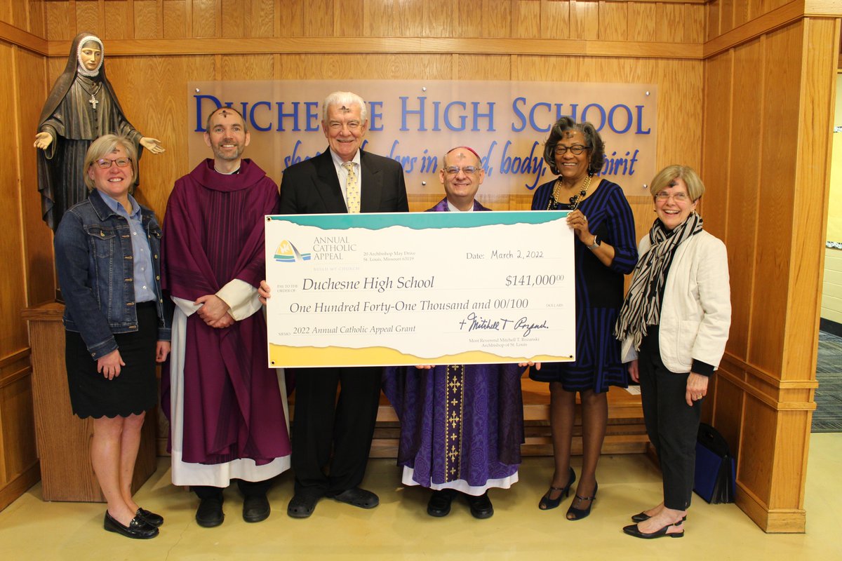 DuchesneHS's tweet photo. A Lenten Blessing! Thank you Annual Catholic Appeal! DHS Pres Susan Noonan, Fr Eddie Voltz, ACA Chair Mike Conoyer '68, Rev Bishop Mark Rivituso, ACA committee members Denise Thomas and Bernadette Reh. #AGratefulPioneerNation #takeLentseriously #modelingJesus https://t.co/ih5EQff2gK