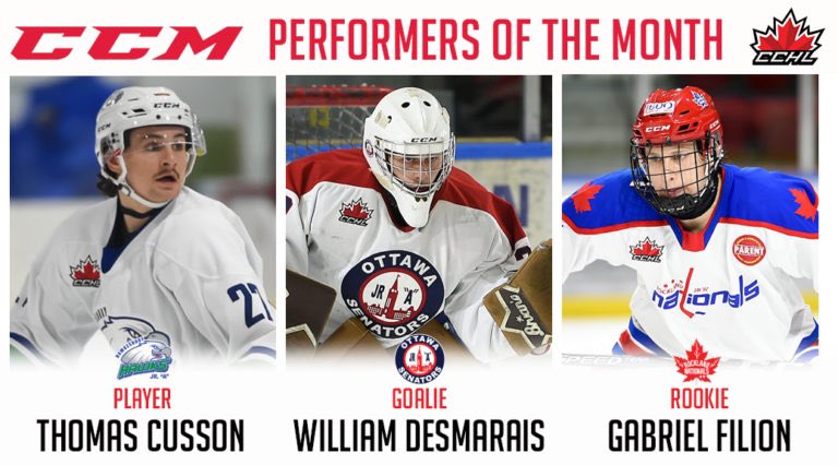 TheCCHL's tweet photo. Release | @CCMHockey Performers of the Month announced for February

POM | Thomas Cusson @hawkesburyhawks
GOM | William Desmarais @OttawaJrSens
ROM | Gabriel Filion @RocklandNatsJrA

📷 https://t.co/ijdDBvZ7QI
Graphic | Mark Kelly

🗞 | https://t.co/puivPgttGQ https://t.co/KXwzVsDo8O