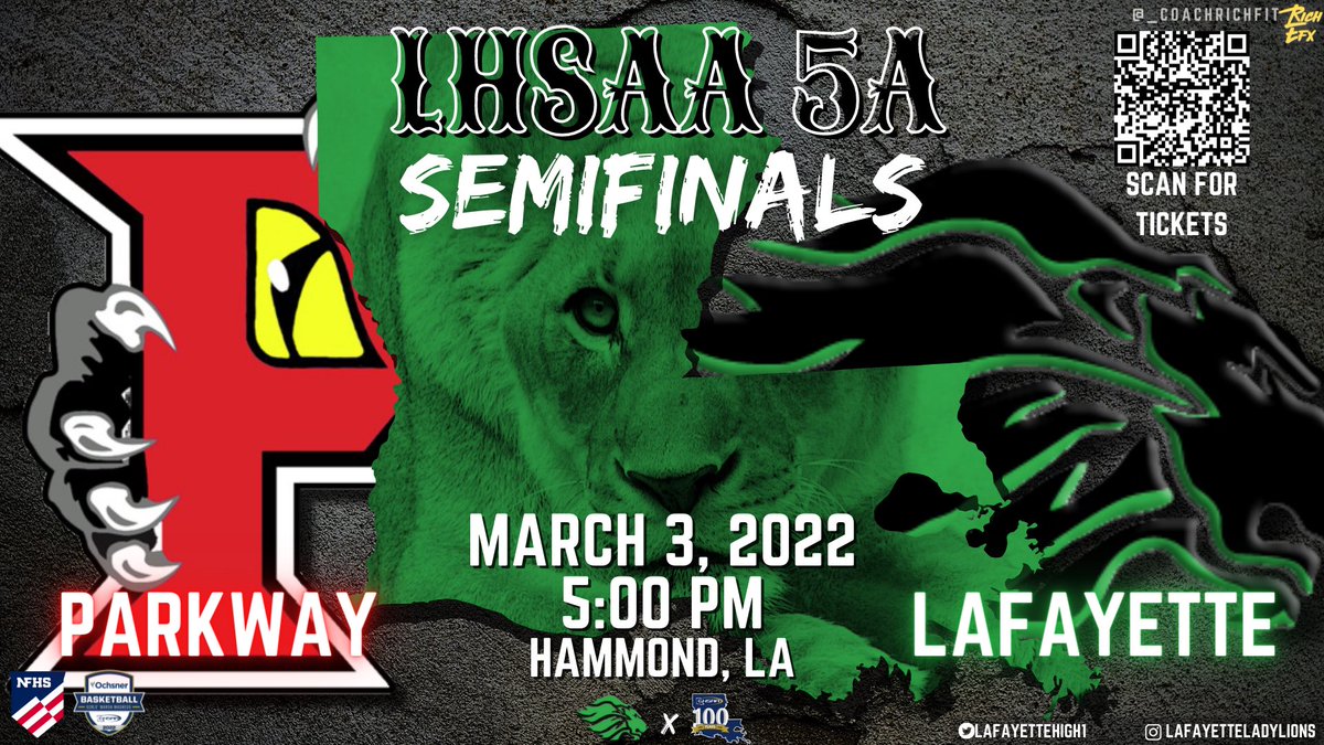 lafayettehigh1's tweet photo. 💚🏀🖤

🏆 LHSAA 5A Semifinals

🦁 #3 Lafayette
             🆚 
🐾 #2 Parkway

🗓March 3
🕰5PM
📍Hammond, La
🏟SLU University Center

🎟 https://t.co/gWVaL50RNI
📺 https://t.co/oCVy6u3cZU https://t.co/ow7fVnX0EI