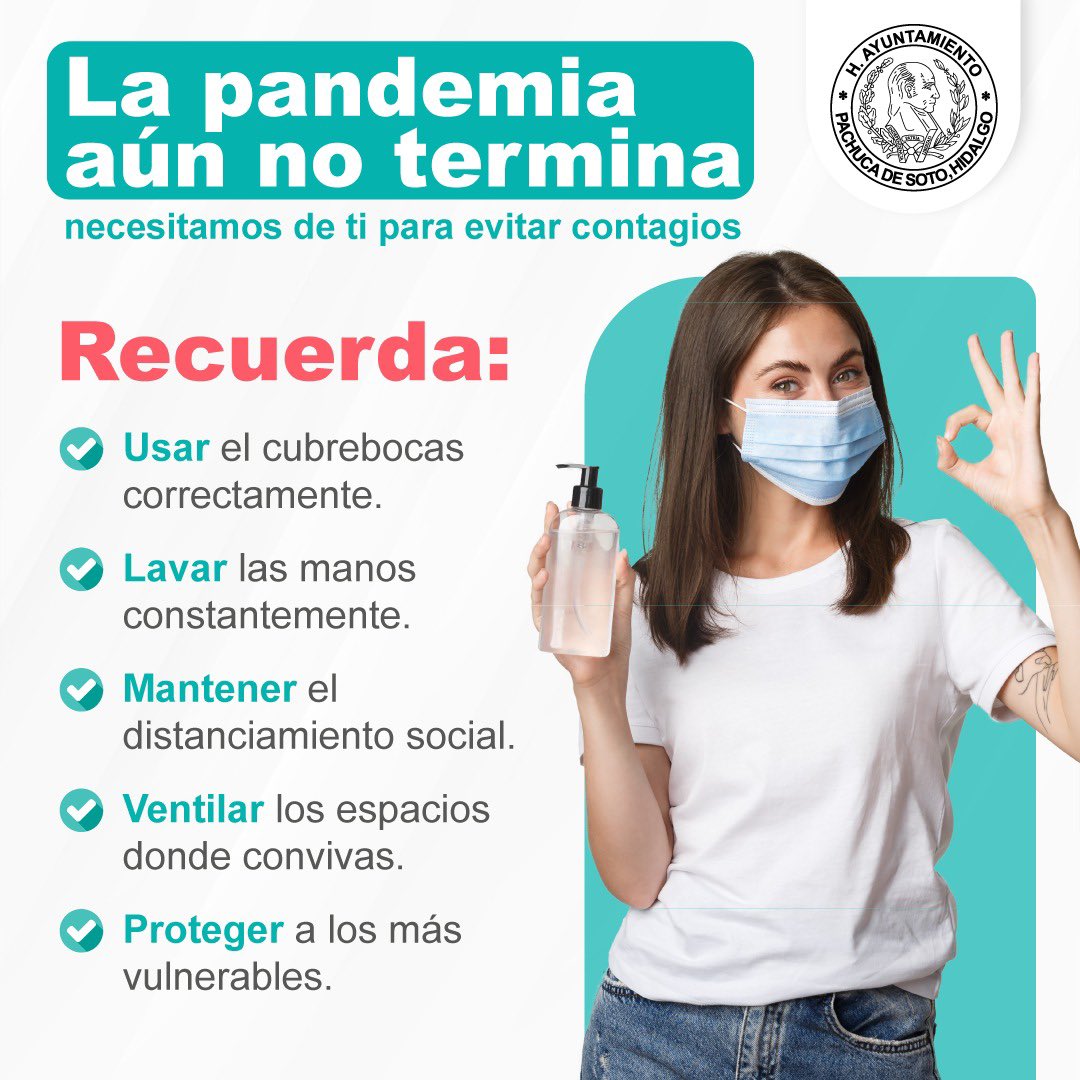 PachucaGob's tweet photo. ¡No lo olvides! La pandemia aún no termina.
Sigamos aplicando las medidas sanitarias que nos ayudan para prevenir contagios. 😷
#CovidTips https://t.co/w2R0QINDSW