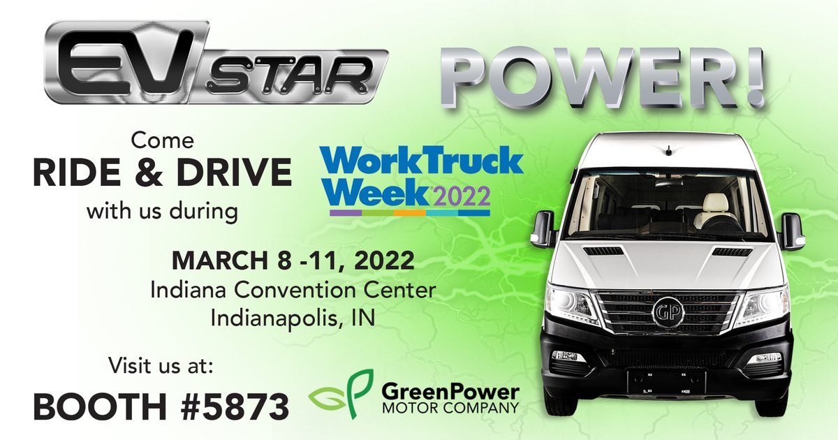 GreenPowerBus's tweet photo. Jump on board for the thrill and excitement of our Ride &amp; Drive event next week during NTEA's Work Truck Week, March 8-11, 2022 in Indianapolis, IN. We've heard that knowledge is power, so pop by our BOOTH #5873 to learn why our EV Star has got the POWER! $GP $GPV #WorkTruckWeek https://t.co/6tLVEOzmWG
