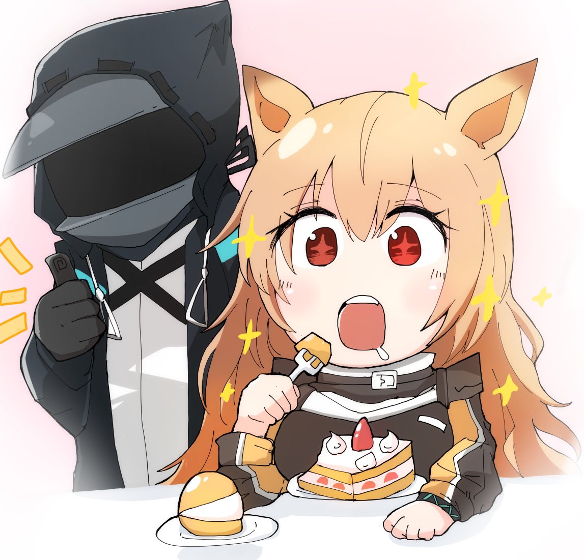 ceobe (arknights) 1girl food cake dog ears thumbs up animal ears fork  illustration images