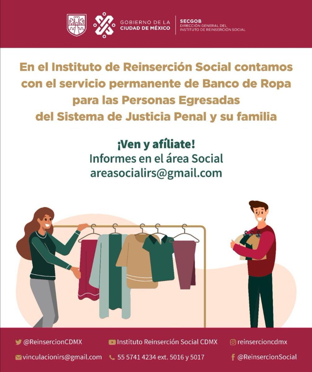 ReinsercionCDMX's tweet photo. ¿Ya conoces el #BancoDeRopa del #IRS? 👕👖👔🧦
Si eres #PersonaLiberada, puedes hacer uso de este beneficio permanentemente y elegir prendas para toda tu familia.
📌Este servicio es gratuito.
¡Estamos contigo!🤗
📞 5557414234 ext. 5016 y 5017. https://t.co/hzo5aYeJZE