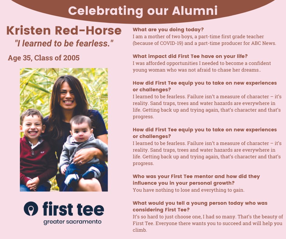 Five of our past participants were recently featured in a national First Tee publication "Celebrating Our Alumni". We are proud to see our alumni using the skills they learned through First Tee and applying them to their careers and everyday lives. #BuildingGameChangers