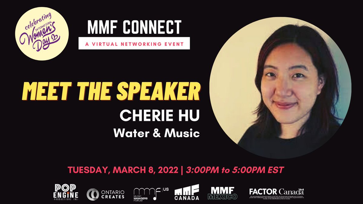 MMFCanada's tweet photo. Join @MMFCanada @MMFUS and #MMFMexico as we celebrate #IWD2022 with and #MMFConnect virtual networking event.
Cherie Hu @water_and_music will be joining us to chat all things music and tech!
Register for this free event and learn more about Cherie at https://t.co/ZrjdpfMCui https://t.co/jDR3dQ4247