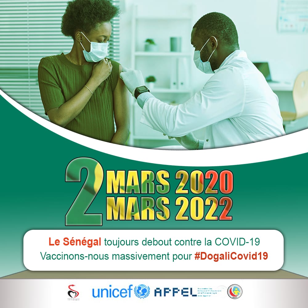 appelsn's tweet photo. ✅ Le 2 mars 2020: 1er cas déclaré de Covid19 au Sénégal 

✅ 2 mars 2022, le Sénégal toujours debout contre la Covid19

Vaccinons nous massivement pour #DogaliCovid19

@MinisteredelaS1 
@unicefsenegal 
@SneipsO 
@ligueblogsante 
#Kebetu https://t.co/J3vEPzRpV9
