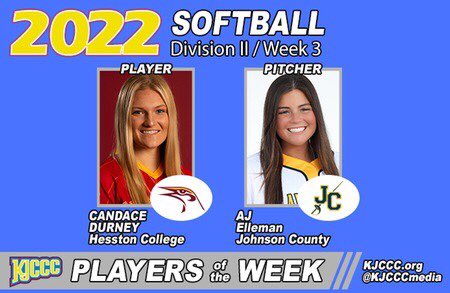 jccc_softball's tweet photo. Congrats to sophomore pitcher, AJ Elleman on being named KJCCC Pitcher of the week! #humcavs https://t.co/iS5L0FLMch