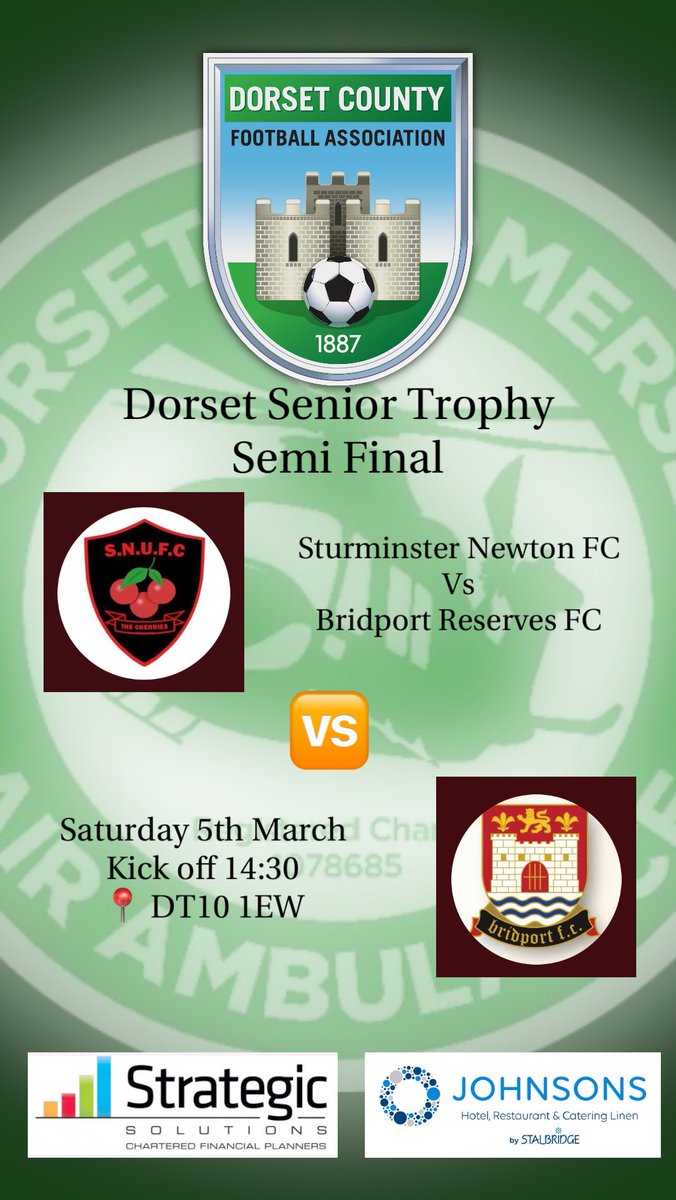 🏆<a href="/DorsetCFA/">Dorset County Football Association</a> , Dorset Senior Trophy , Semi final . 🏆
📆 Saturday March 5th 
🏟 Barnetts Field , DT10 1EW 
🆚 <a href="/Bridportfc/">Bridport FC</a> Reserves 
⏰ Two Thirty 🕝 Kick off . 
<a href="/DPL_official/">Dorset Premier Football League</a> <a href="/Dorsetechosport/">Dorset Echo Sport</a> <a href="/swsportsnews/">South West Sports News</a> @FootballGrf <a href="/EnglandFootball/">England Football</a>