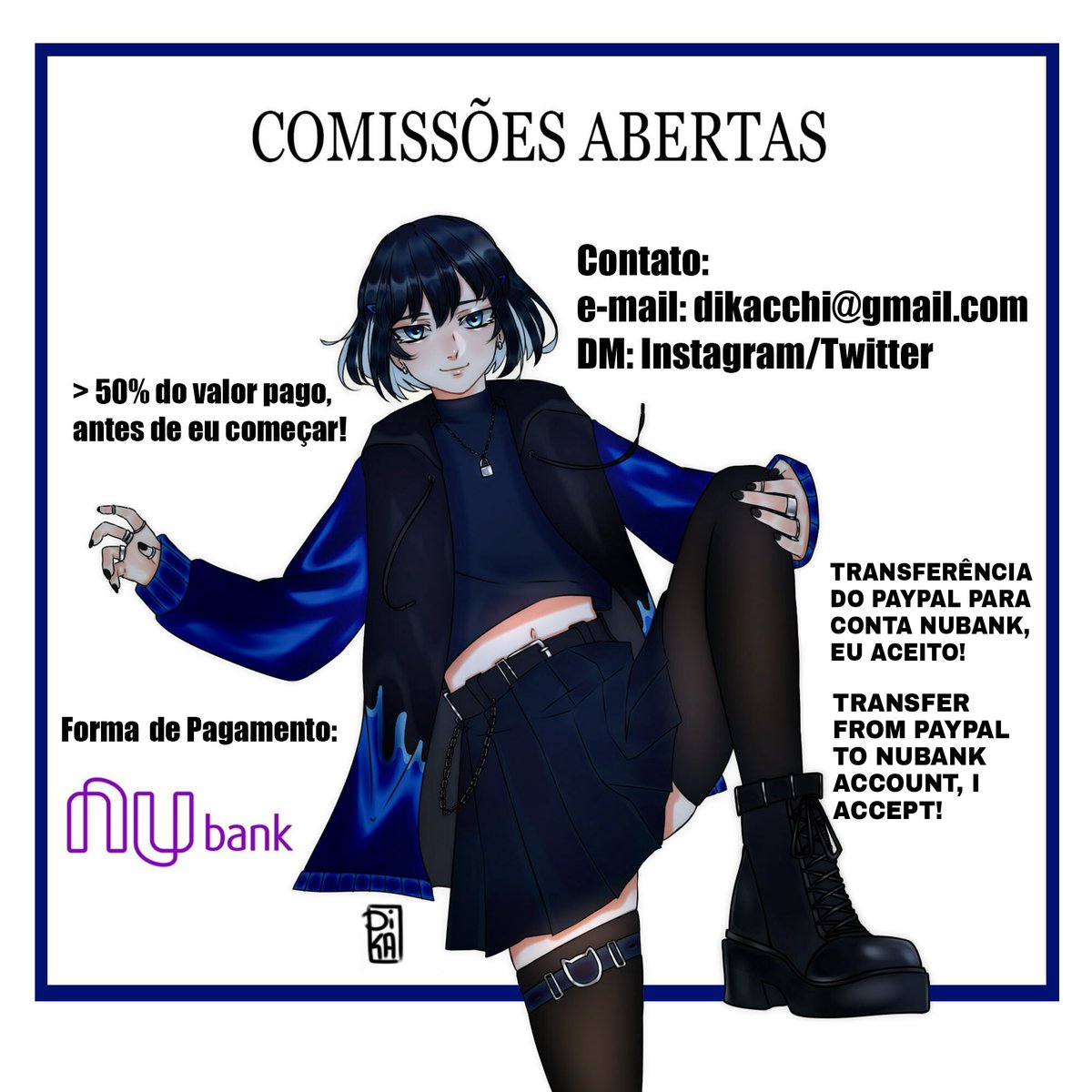 DikaCchi's tweet photo. Oi Amores (人 •͈ᴗ•͈) as comissões estão abertas! Mas vou começar ( 15/03/2022 ).
• Sobre a transferência, se você tiver uma conta no ( PayPal ) eu soube que é possível tranferir para a minha conta da ( Nubank ), no caso fazer um Pix pra minha conta. #comissionsopen #anime #oc https://t.co/tPZBxvDcs5