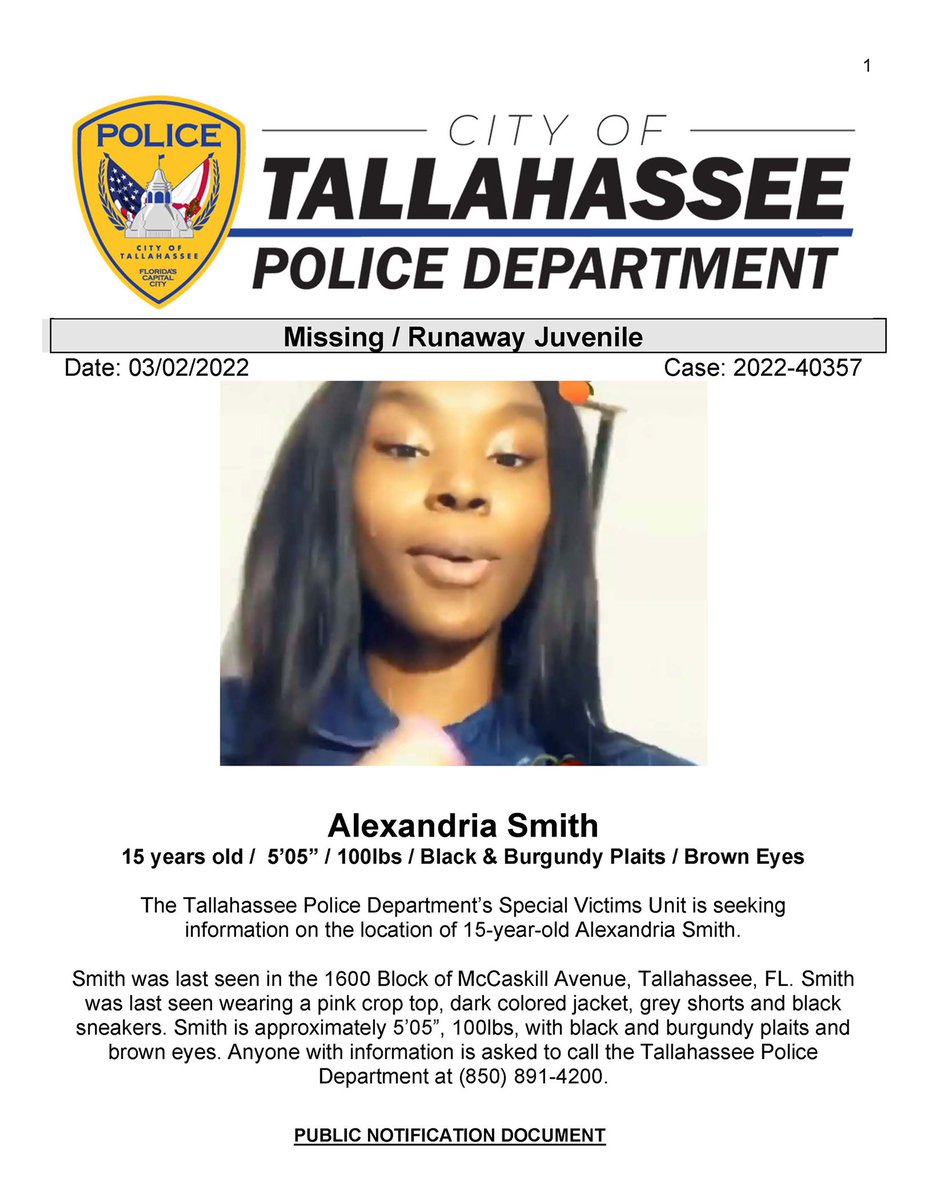TallyPD's tweet photo. Please share to help locate this missing juvenile. If you have information regarding Alexandria’s  whereabouts, please call TPD at 850-891-4200. https://t.co/zRToFRmkXG