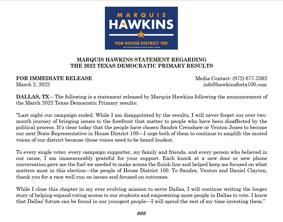 HawkinsForTX100's tweet photo. "I know that Dallas’ future can be found in our youngest people—I will spend the rest of my time investing them.” 

Thank you #HD100 https://t.co/kwTWkcpdBN