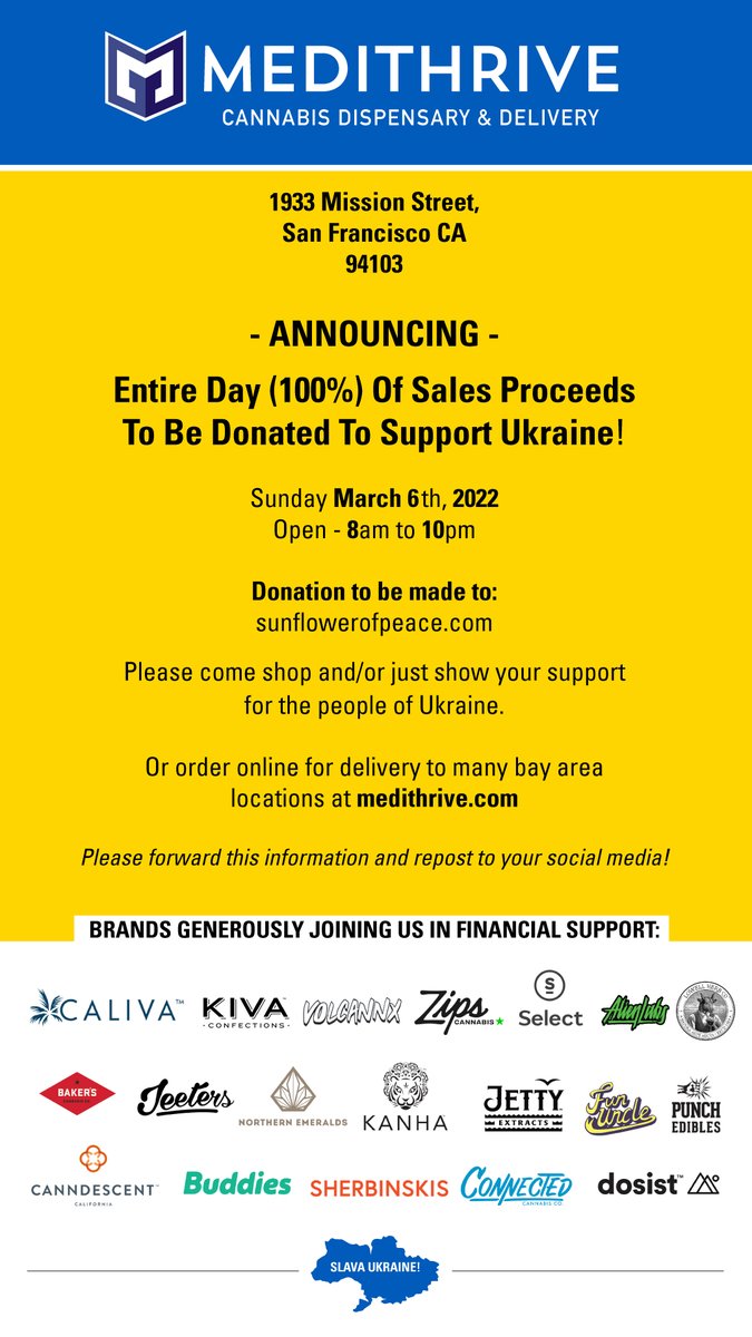 Medithrive was founded by a Ukrainian Jewish immigrant who came to America as a Soviet Union refugee.
On Sunday 03/06/22, MediThrive will donate 100% of the proceeds to Sunflower of Peace.
We invite you to gather in peace and unity to show support for Ukraine and their citizens